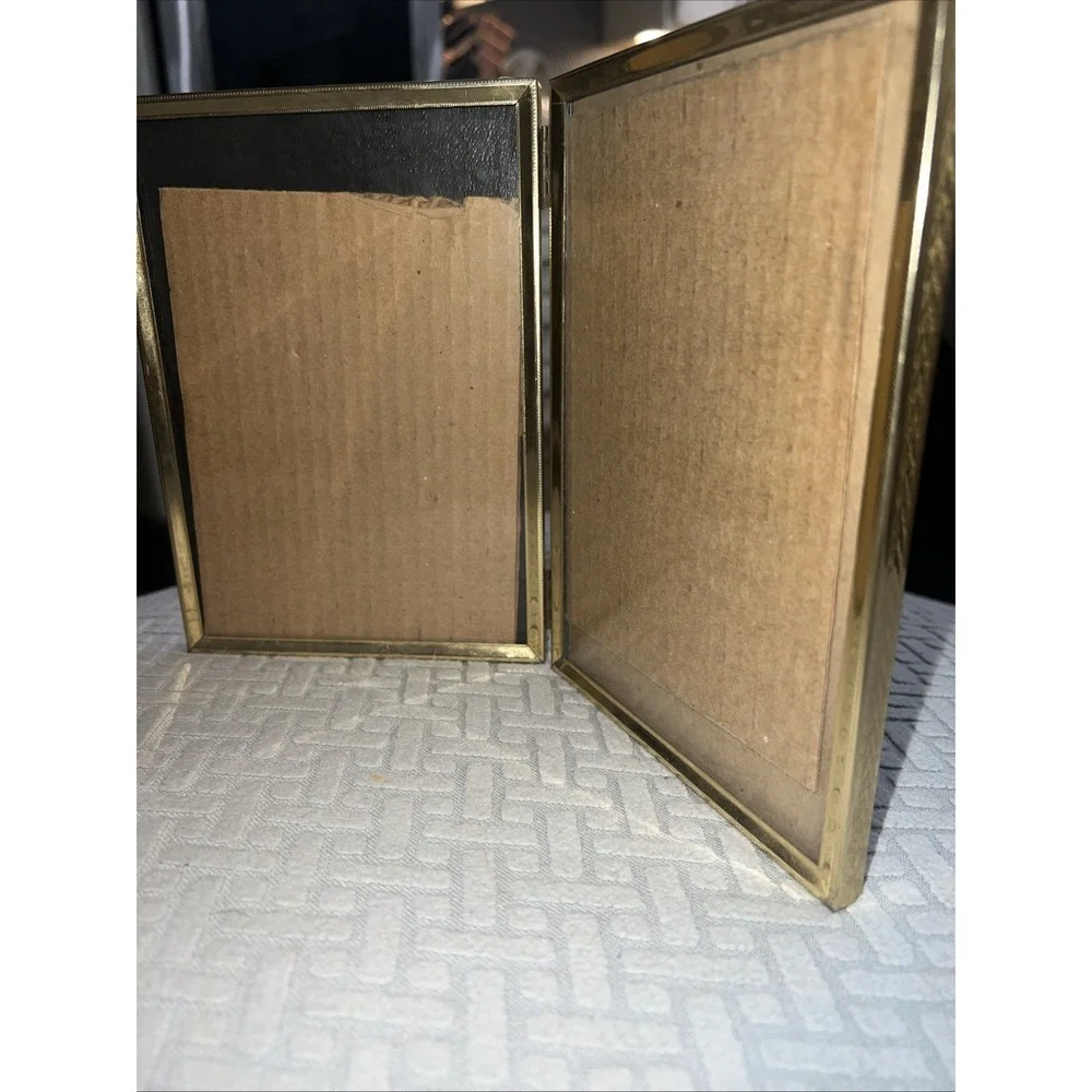 Antique Double Picture Frame vintage gold ART DECO 40s folding hinged FITS 5 x 7